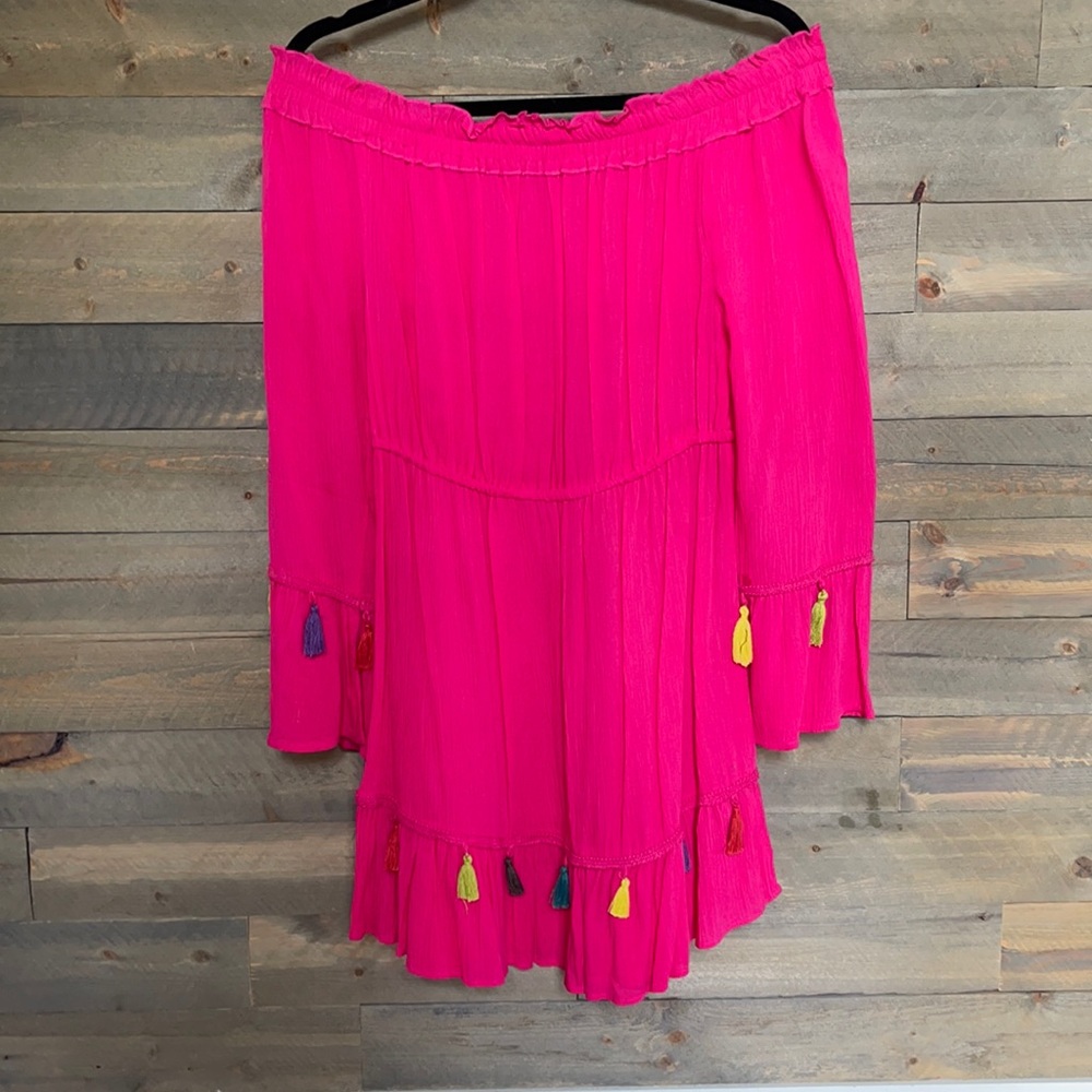 Hot pink blush off the shoulder dress